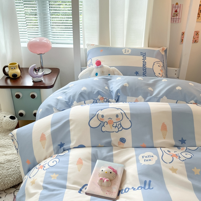 91家纺网 家纺一手货源 找家纺 2024新款三丽鸥授权全棉少女印花系列学生三件套四件套 棉三丽鸥-蓝条玉桂狗