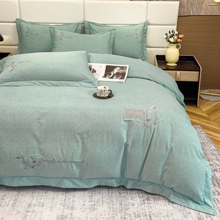 91家纺网 家纺一手货源 找家纺 U品汇 2024新品生态加厚长绒棉纯棉绣花全棉磨毛刺绣四件套宽边款直播 一叶知秋-浅绿