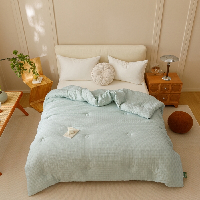 91家纺网 家纺一手货源 找家纺 卡派 2024新款水洗华夫格大豆纤维被水绿