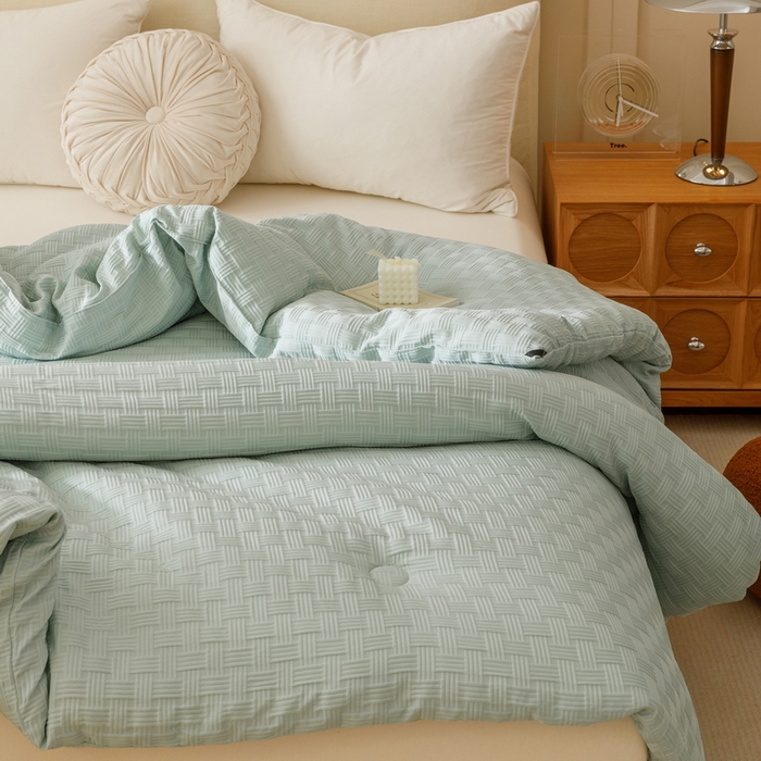 91家纺网 家纺一手货源 找家纺 卡派 2024新款水洗华夫格大豆纤维被水绿