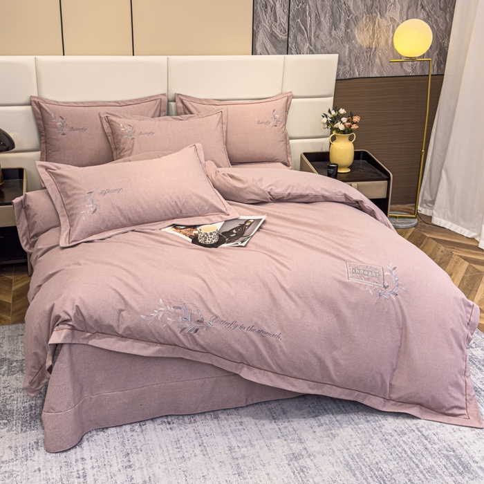 91家纺网 家纺一手货源 找家纺 U品汇 2024新品生态加厚长绒棉纯棉绣花全棉磨毛刺绣四件套宽边款直播 一叶知秋-红棕