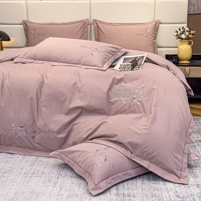 91家纺网 家纺一手货源 找家纺 U品汇 2024新品生态加厚长绒棉纯棉绣花全棉磨毛刺绣四件套宽边款直播 一叶知秋-红棕