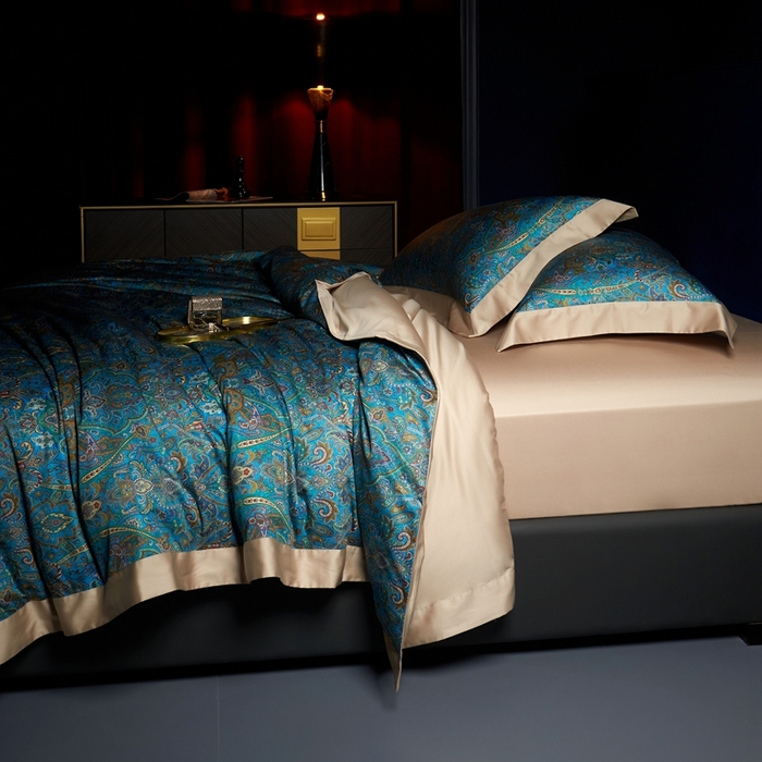 91家纺网 家纺一手货源 找家纺 缔缦 2024新款高端100s数码印花四件套长绒棉四件套全棉四件套佩斯利 香榭丽