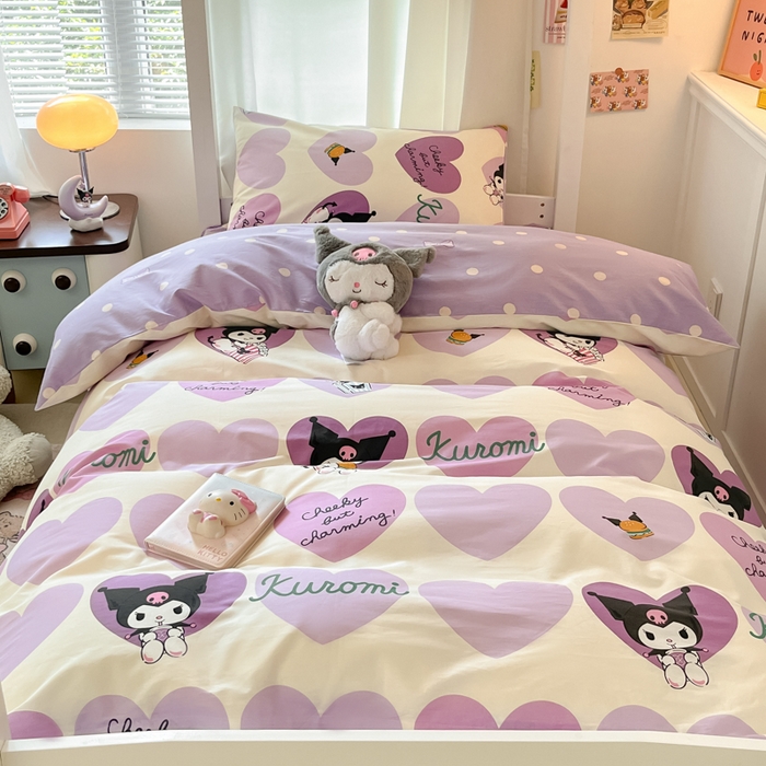 91家纺网 家纺一手货源 找家纺 2024新款三丽鸥授权全棉少女印花系列学生三件套四件套 棉三丽鸥-紫爱心库洛米