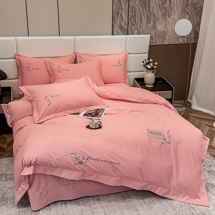 91家纺网 家纺一手货源 找家纺 U品汇 2024新品生态加厚长绒棉纯棉绣花全棉磨毛刺绣四件套宽边款直播 一叶知秋-粉玉