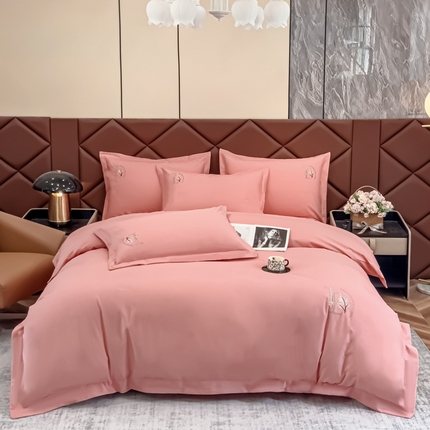 U品汇 2024新品生态加厚长绒棉纯棉绣花全棉磨毛刺绣四件套宽边款直播 漫步梧桐-粉玉