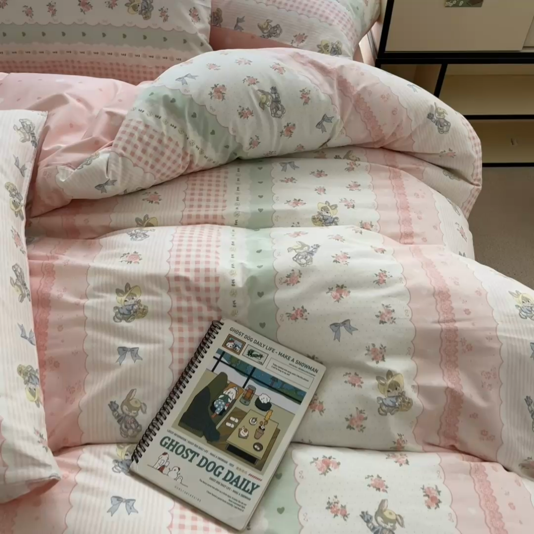 91家纺网 家纺一手货源 找家纺 桃子家居  2024新款纯棉小清新卡通少女13372系列四件套 棉-花仙兔