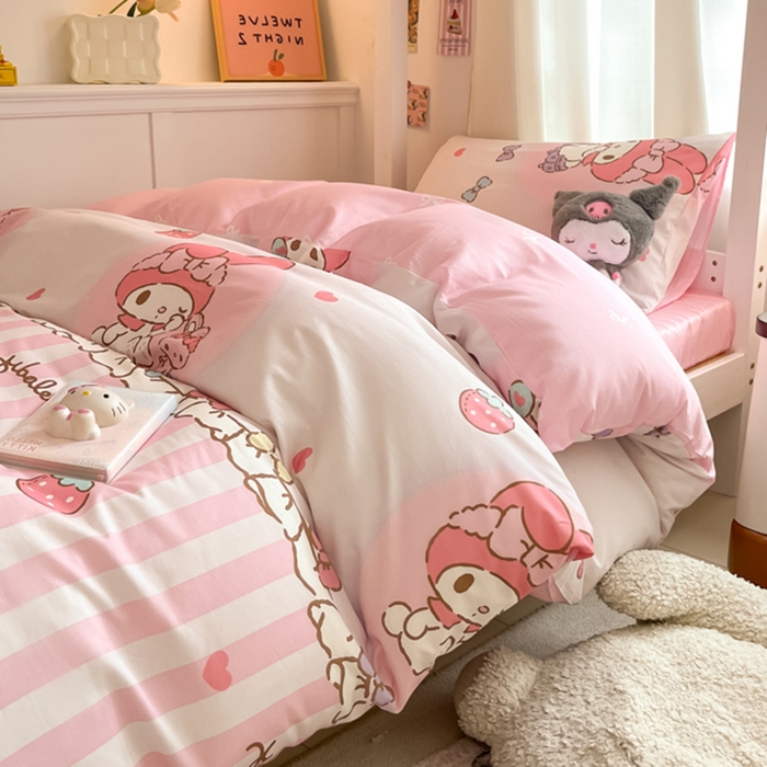 91家纺网 家纺一手货源 找家纺 2024新款三丽鸥授权全棉少女印花系列学生三件套四件套 棉三丽鸥-草莓美乐蒂