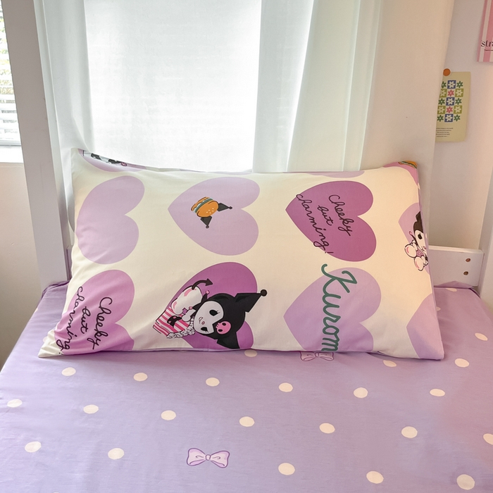 91家纺网 家纺一手货源 找家纺 2024新款三丽鸥授权全棉少女印花系列学生三件套四件套 棉三丽鸥-紫爱心库洛米