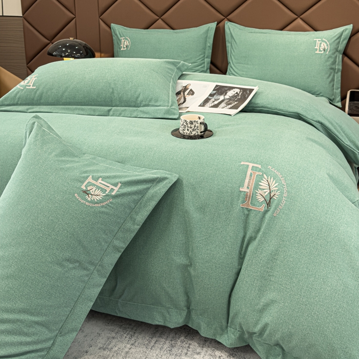 91家纺网 家纺一手货源 找家纺 U品汇 2024新品生态加厚长绒棉纯棉绣花全棉磨毛刺绣四件套宽边款直播 漫步梧桐-绿