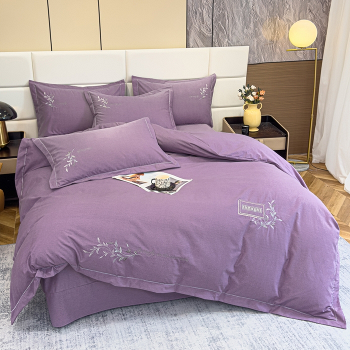 91家纺网 家纺一手货源 找家纺 U品汇 2024新品生态加厚长绒棉纯棉绣花全棉磨毛刺绣四件套宽边款直播 一叶知秋-紫