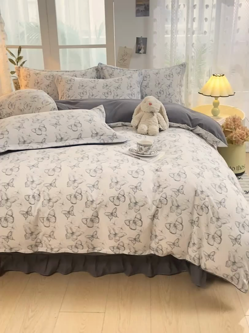 91家纺网 家纺一手货源 找家纺 梦莱斯 2024新款A类提花针织棉床盖四件套 梦蝶