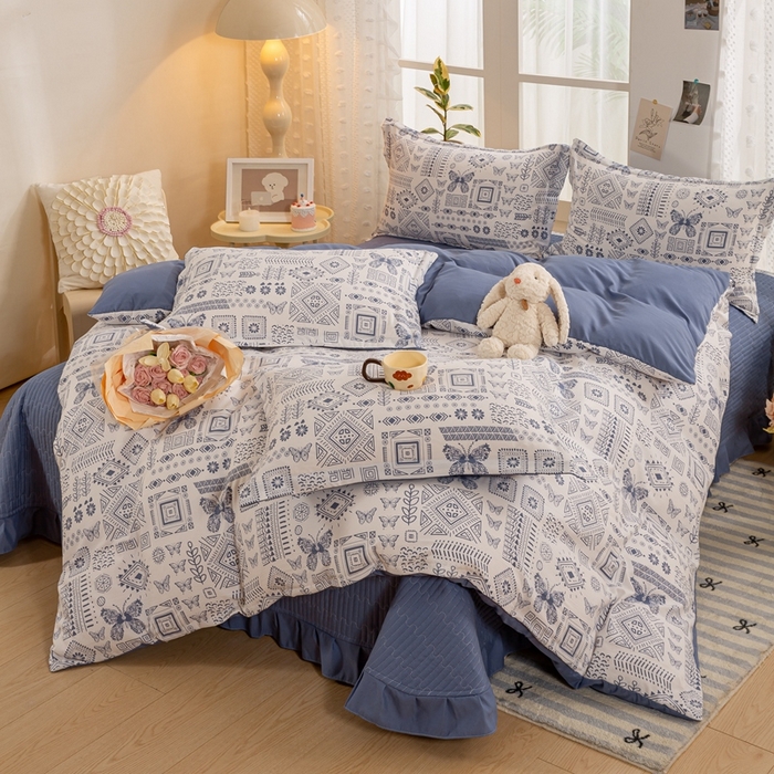 91家纺网 家纺一手货源 找家纺 梦莱斯 2024新款A类提花针织棉床盖四件套 蓝图