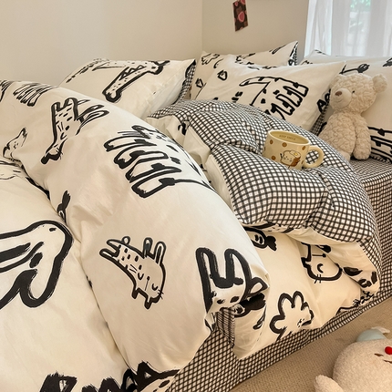 91家纺网 家纺一手货源 找家纺 桃子家居  2024新款纯棉小清新卡通少女13372系列四件套 棉-小涂鸦乐园