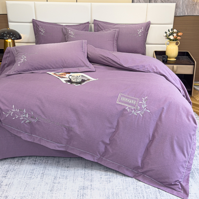 91家纺网 家纺一手货源 找家纺 U品汇 2024新品生态加厚长绒棉纯棉绣花全棉磨毛刺绣四件套宽边款直播 一叶知秋-紫