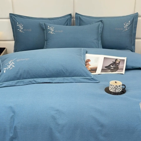 91家纺网 家纺一手货源 找家纺 U品汇 2024新品生态加厚长绒棉纯棉绣花全棉磨毛刺绣四件套宽边款直播 一叶知秋-兰