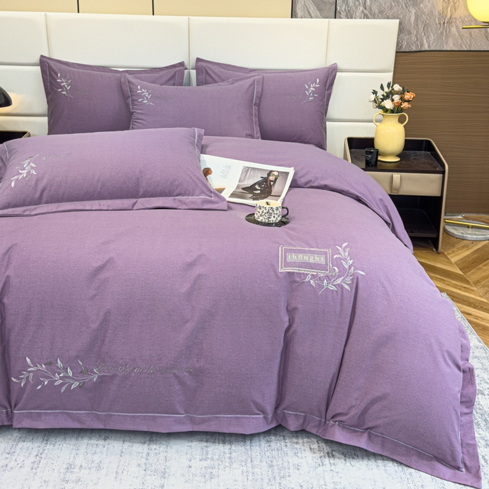 91家纺网 家纺一手货源 找家纺 U品汇 2024新品生态加厚长绒棉纯棉绣花全棉磨毛刺绣四件套宽边款直播 一叶知秋-紫
