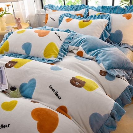 91家纺网 家纺一手货源 找家纺 （总）2025新款韩版荷叶边床裙款高克重印花牛奶绒四件套