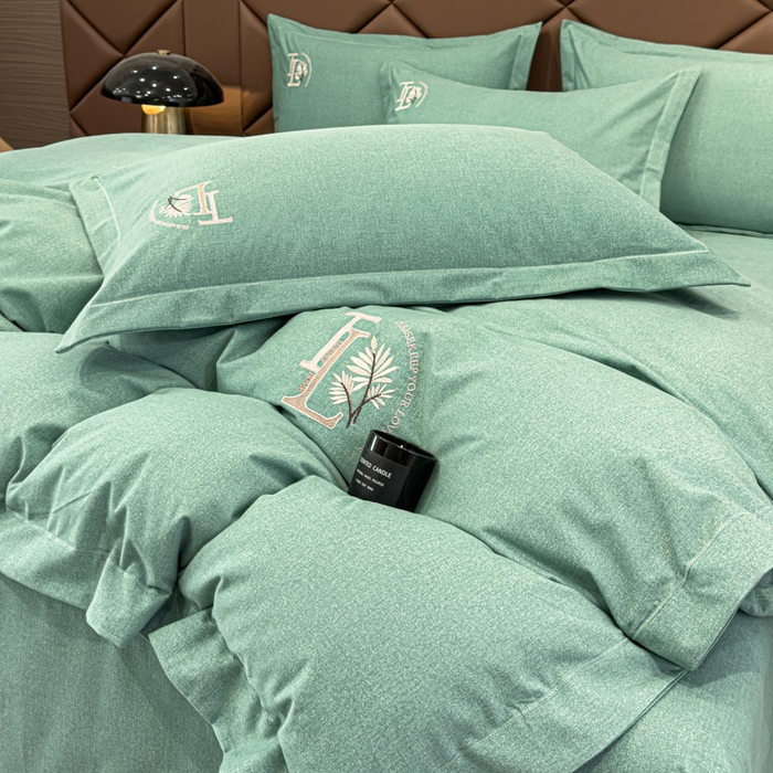 91家纺网 家纺一手货源 找家纺 U品汇 2024新品生态加厚长绒棉纯棉绣花全棉磨毛刺绣四件套宽边款直播 漫步梧桐-绿