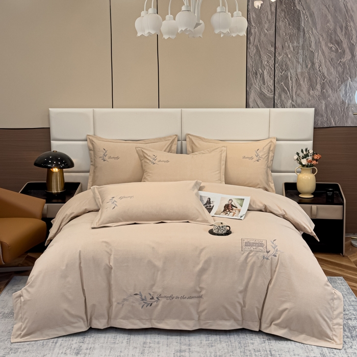 91家纺网 家纺一手货源 找家纺 U品汇 2024新品生态加厚长绒棉纯棉绣花全棉磨毛刺绣四件套宽边款直播 一叶知秋-米棕