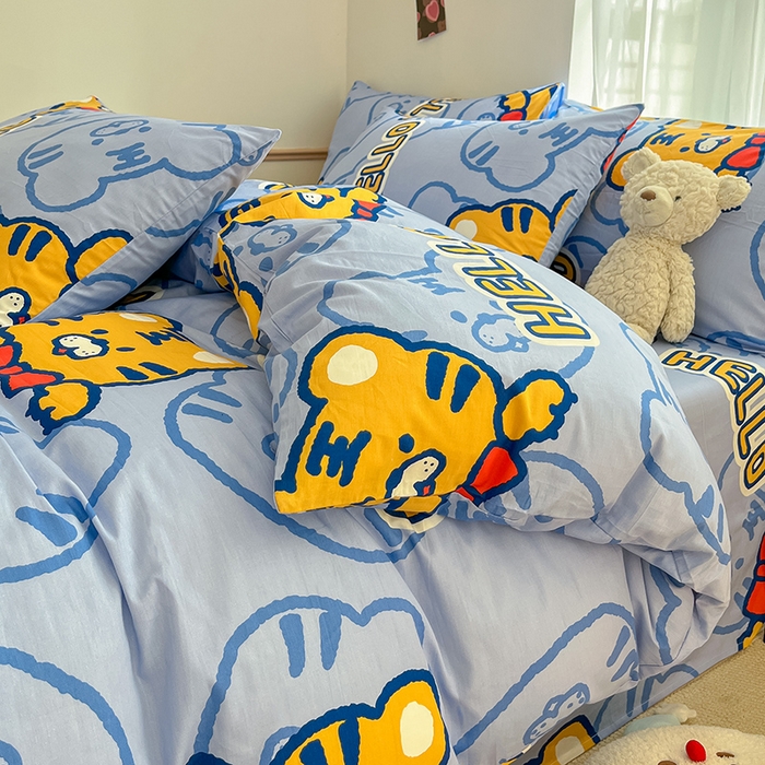 91家纺网 家纺一手货源 找家纺 桃子家居  2024新款纯棉小清新卡通少女13372系列四件套 棉-蓝老虎