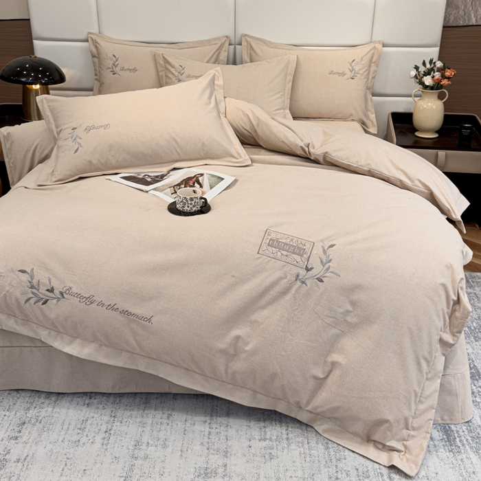 91家纺网 家纺一手货源 找家纺 U品汇 2024新品生态加厚长绒棉纯棉绣花全棉磨毛刺绣四件套宽边款直播 一叶知秋-米棕