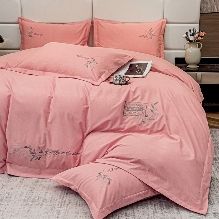 91家纺网 家纺一手货源 找家纺 U品汇 2024新品生态加厚长绒棉纯棉绣花全棉磨毛刺绣四件套宽边款直播 一叶知秋-粉玉