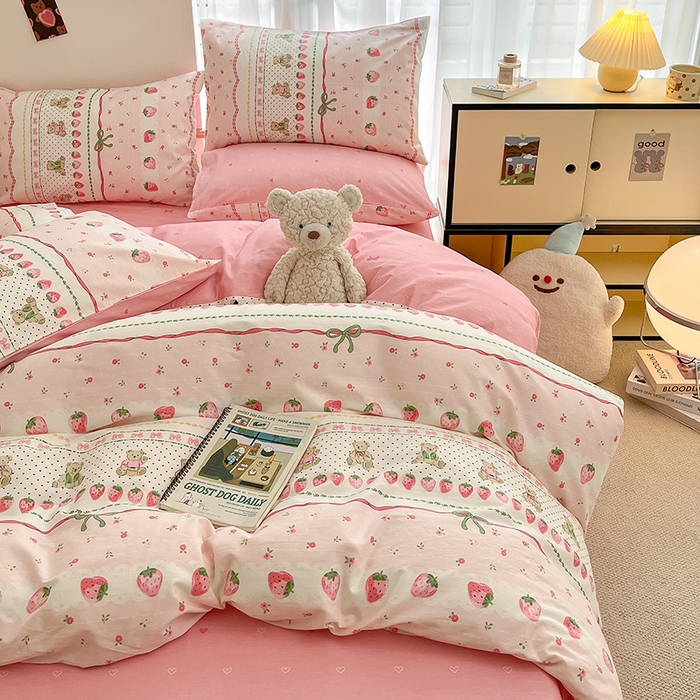 91家纺网 家纺一手货源 找家纺 桃子家居  2024新款纯棉小清新卡通少女13372系列四件套 棉-粉萌