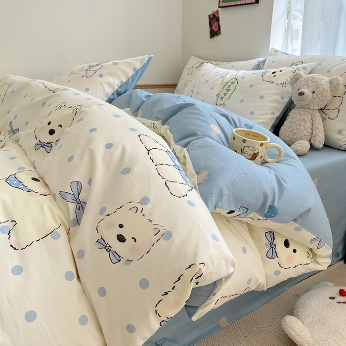 91家纺网 家纺一手货源 找家纺 桃子家居  2024新款纯棉小清新卡通少女13372系列四件套 棉-波点狗