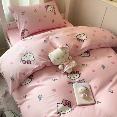 91家纺网 家纺一手货源 找家纺 2024新款三丽鸥授权全棉少女印花系列学生三件套四件套 棉三丽鸥-粉粉甜美kitty