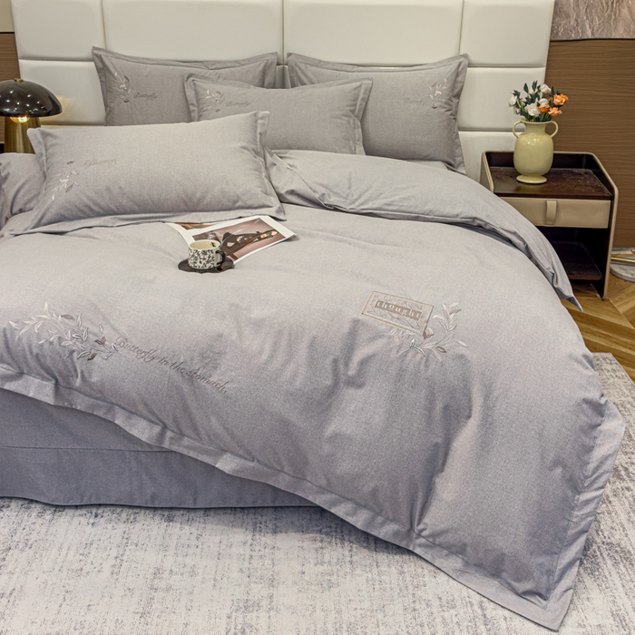 91家纺网 家纺一手货源 找家纺 U品汇 2024新品生态加厚长绒棉纯棉绣花全棉磨毛刺绣四件套宽边款直播 一叶知秋-灰