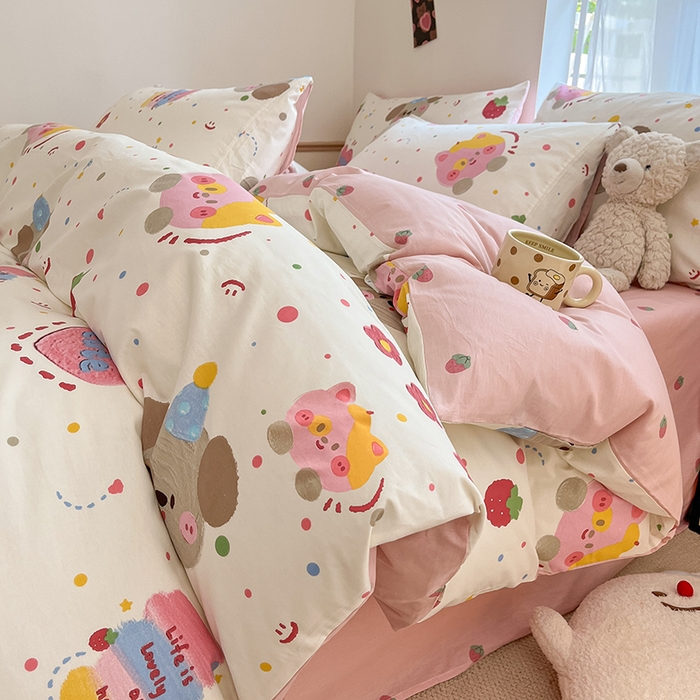 91家纺网 家纺一手货源 找家纺 桃子家居  2024新款纯棉小清新卡通少女13372系列四件套 棉-花花酱