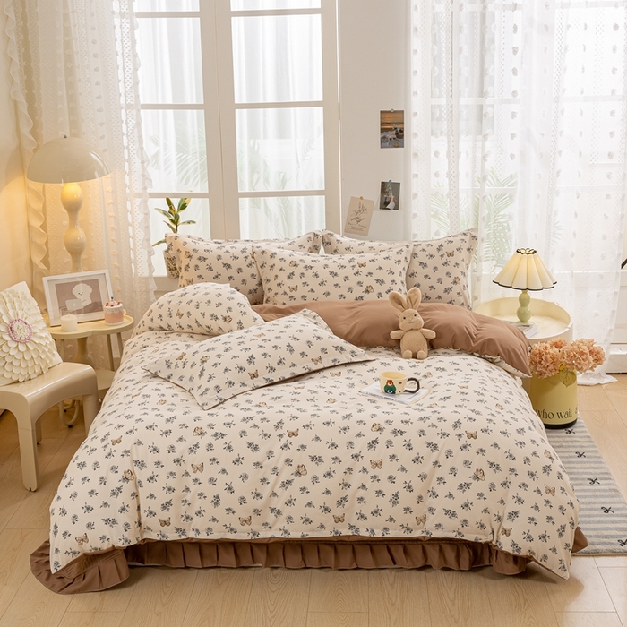 91家纺网 家纺一手货源 找家纺 梦莱斯 2024新款A类提花针织棉床盖四件套 蝶恋花咖