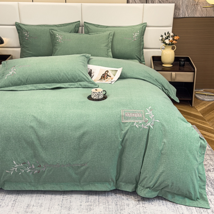 91家纺网 家纺一手货源 找家纺 U品汇 2024新品生态加厚长绒棉纯棉绣花全棉磨毛刺绣四件套宽边款直播 一叶知秋-绿