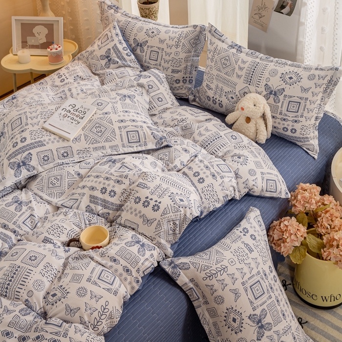 91家纺网 家纺一手货源 找家纺 梦莱斯 2024新款A类提花针织棉床盖四件套 蓝图