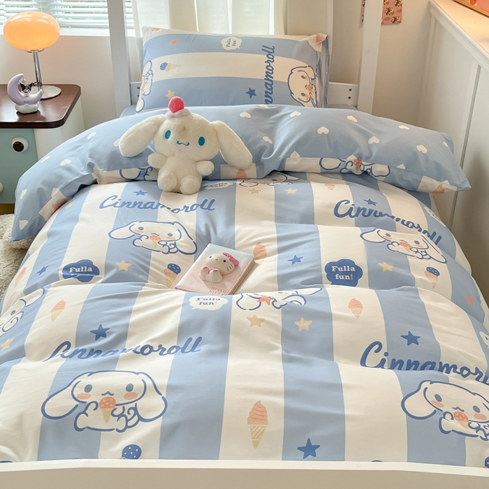 91家纺网 家纺一手货源 找家纺 2024新款三丽鸥授权全棉少女印花系列学生三件套四件套 棉三丽鸥-蓝条玉桂狗