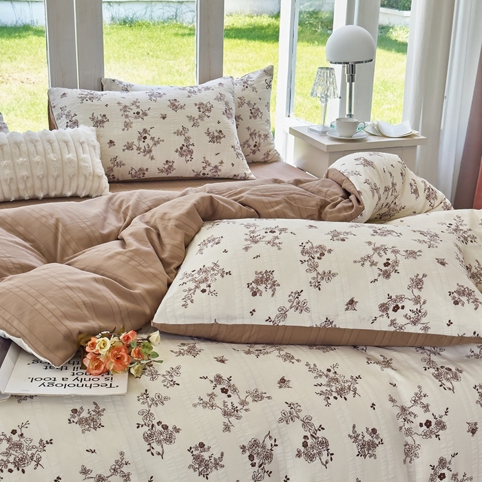 91家纺网 家纺一手货源 找家纺 梦莱斯 2024新款A类云纱棉四件套现货供应 叶秋