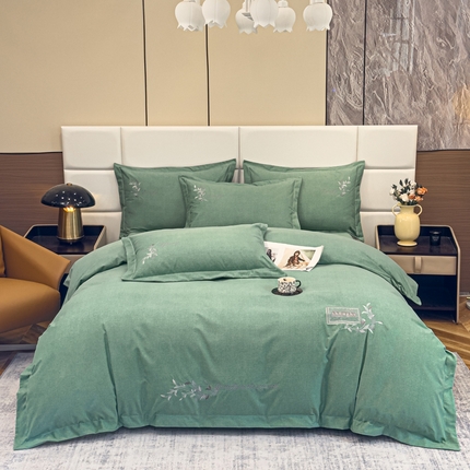 U品汇 2024新品生态加厚长绒棉纯棉绣花全棉磨毛刺绣四件套宽边款直播 一叶知秋-绿