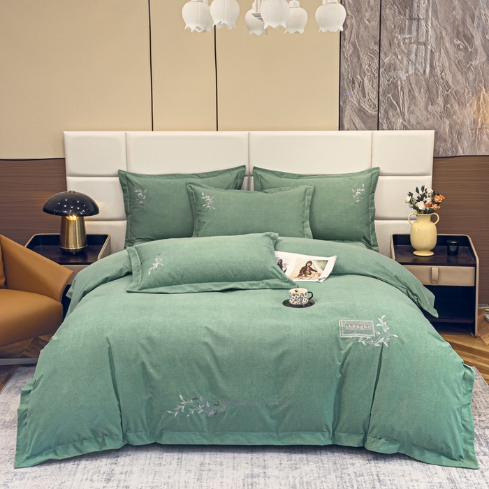 91家纺网 家纺一手货源 找家纺 U品汇 2024新品生态加厚长绒棉纯棉绣花全棉磨毛刺绣四件套宽边款直播 一叶知秋-绿