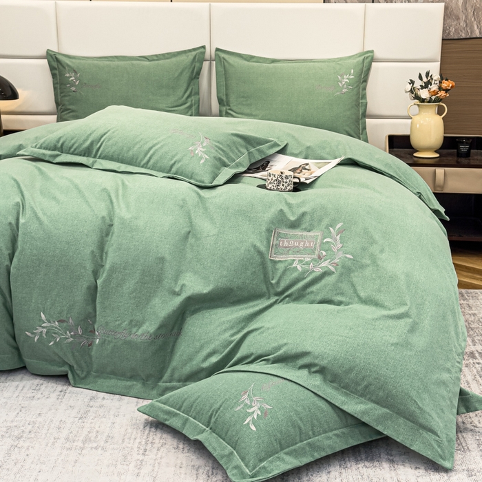 91家纺网 家纺一手货源 找家纺 U品汇 2024新品生态加厚长绒棉纯棉绣花全棉磨毛刺绣四件套宽边款直播 一叶知秋-绿