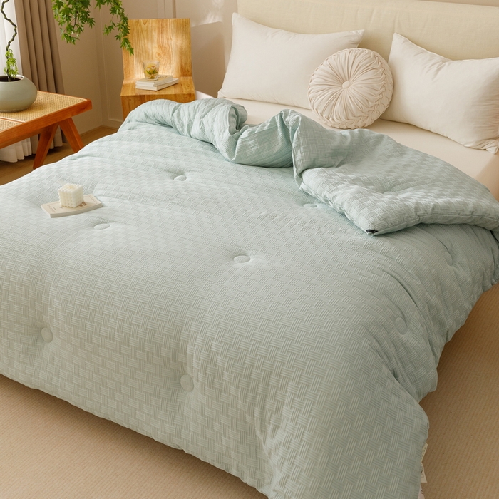 91家纺网 家纺一手货源 找家纺 迪乐妮家居 2024新款水洗华夫格大豆纤维被 水绿