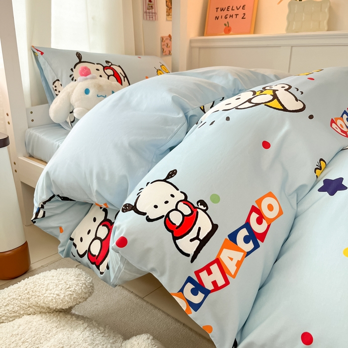 91家纺网 家纺一手货源 找家纺 2024新款三丽鸥授权全棉少女印花系列学生三件套四件套 棉三丽鸥-活力帕恰狗