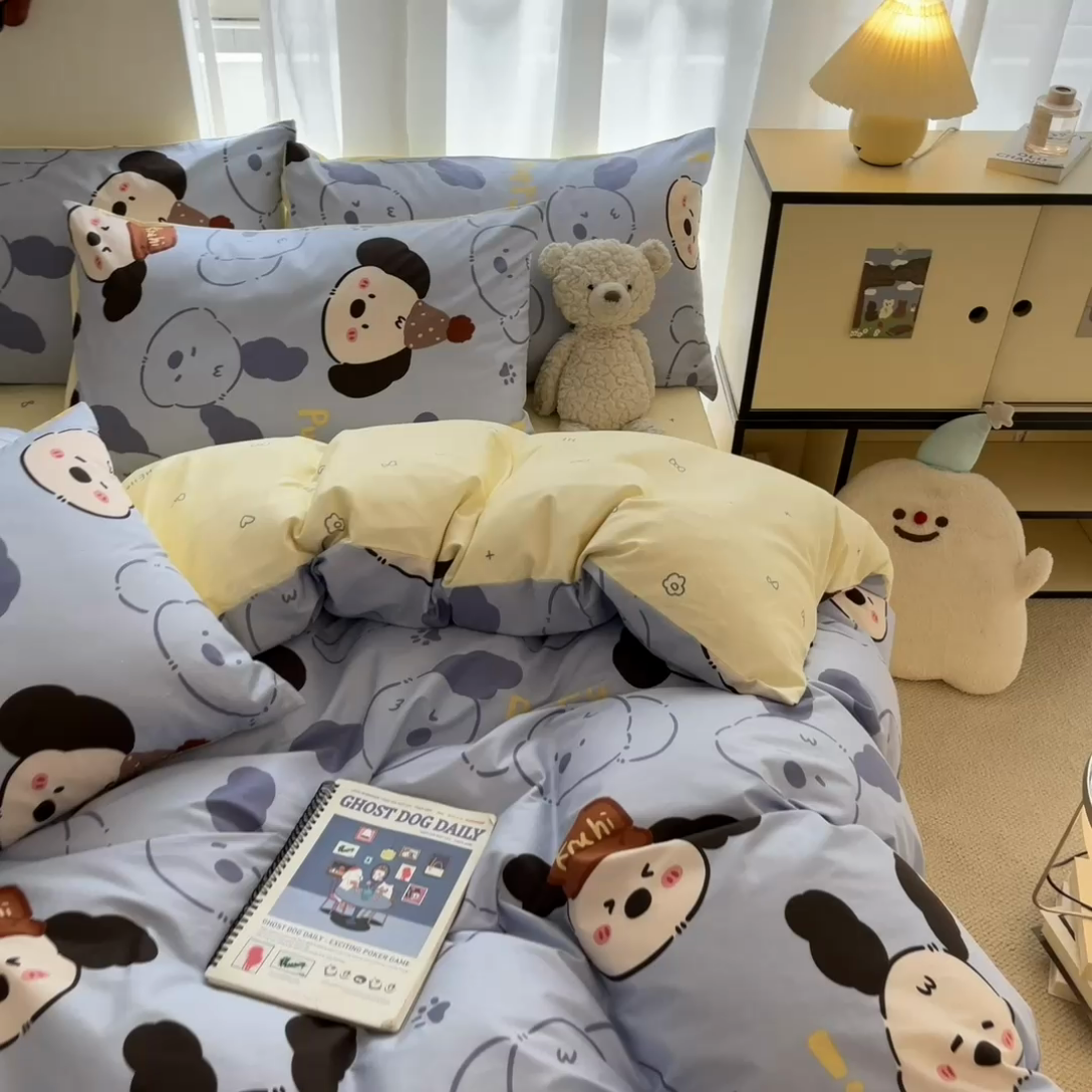 91家纺网 家纺一手货源 找家纺 桃子家居  2024新款纯棉小清新卡通少女13372系列四件套 棉-乐乐狗