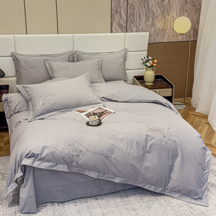 91家纺网 家纺一手货源 找家纺 U品汇 2024新品生态加厚长绒棉纯棉绣花全棉磨毛刺绣四件套宽边款直播 一叶知秋-灰