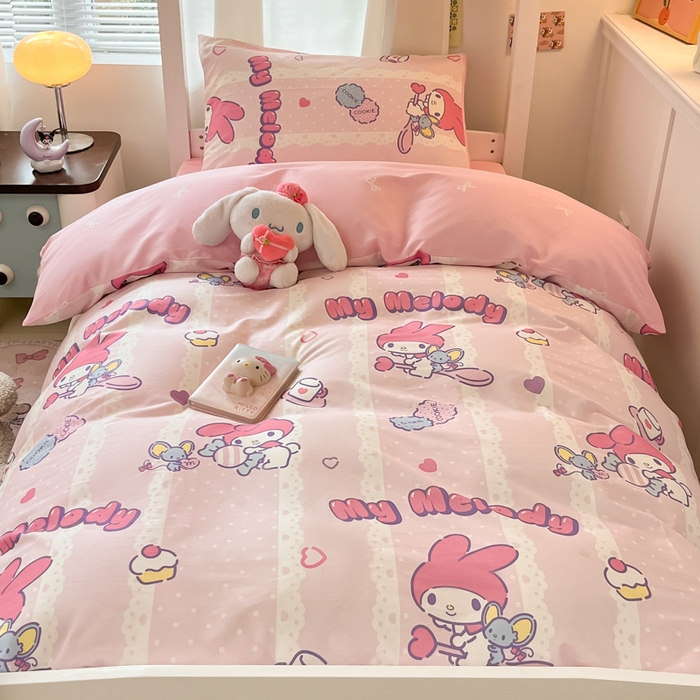 91家纺网 家纺一手货源 找家纺 2024新款三丽鸥授权全棉少女印花系列学生三件套四件套 棉三丽鸥-少女美乐蒂