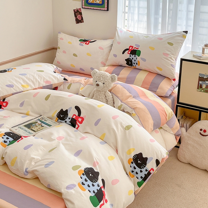 91家纺网 家纺一手货源 找家纺 桃子家居  2024新款纯棉小清新卡通少女13372系列四件套 棉-彩绘喵
