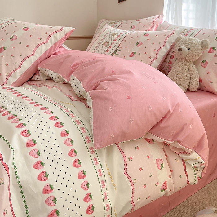 91家纺网 家纺一手货源 找家纺 桃子家居  2024新款纯棉小清新卡通少女13372系列四件套 棉-粉萌