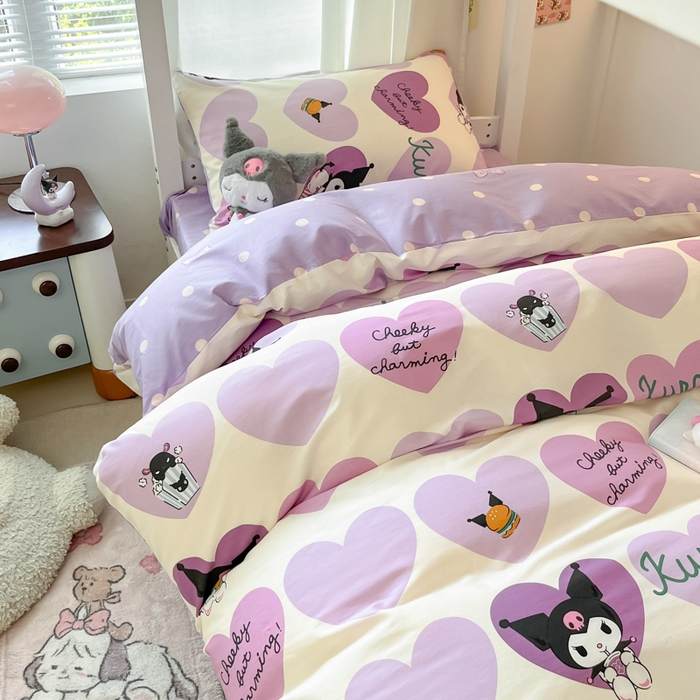 91家纺网 家纺一手货源 找家纺 2024新款三丽鸥授权全棉少女印花系列学生三件套四件套 棉三丽鸥-紫爱心库洛米