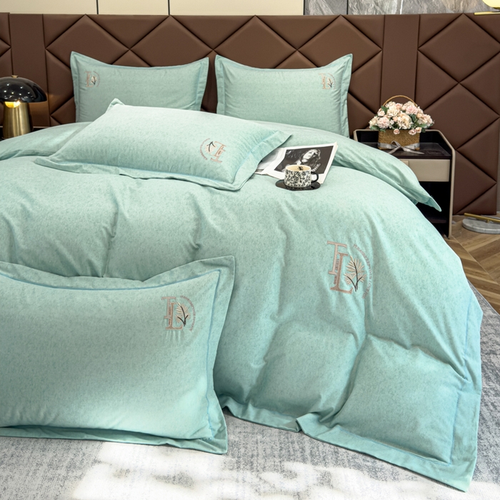 91家纺网 家纺一手货源 找家纺 U品汇 2024新品生态加厚长绒棉纯棉绣花全棉磨毛刺绣四件套宽边款直播 漫步梧桐-浅绿