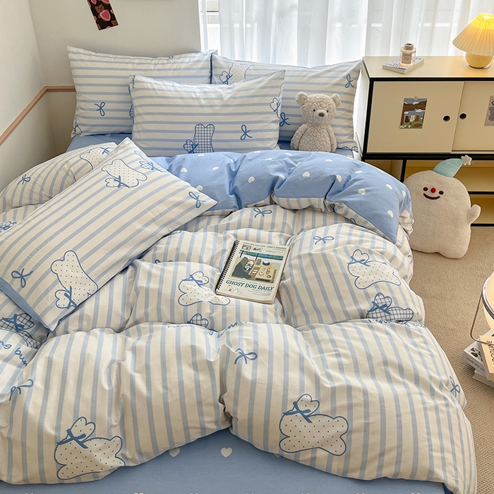 91家纺网 家纺一手货源 找家纺 桃子家居  2024新款纯棉小清新卡通少女13372系列四件套 棉-蓝条可爱兔